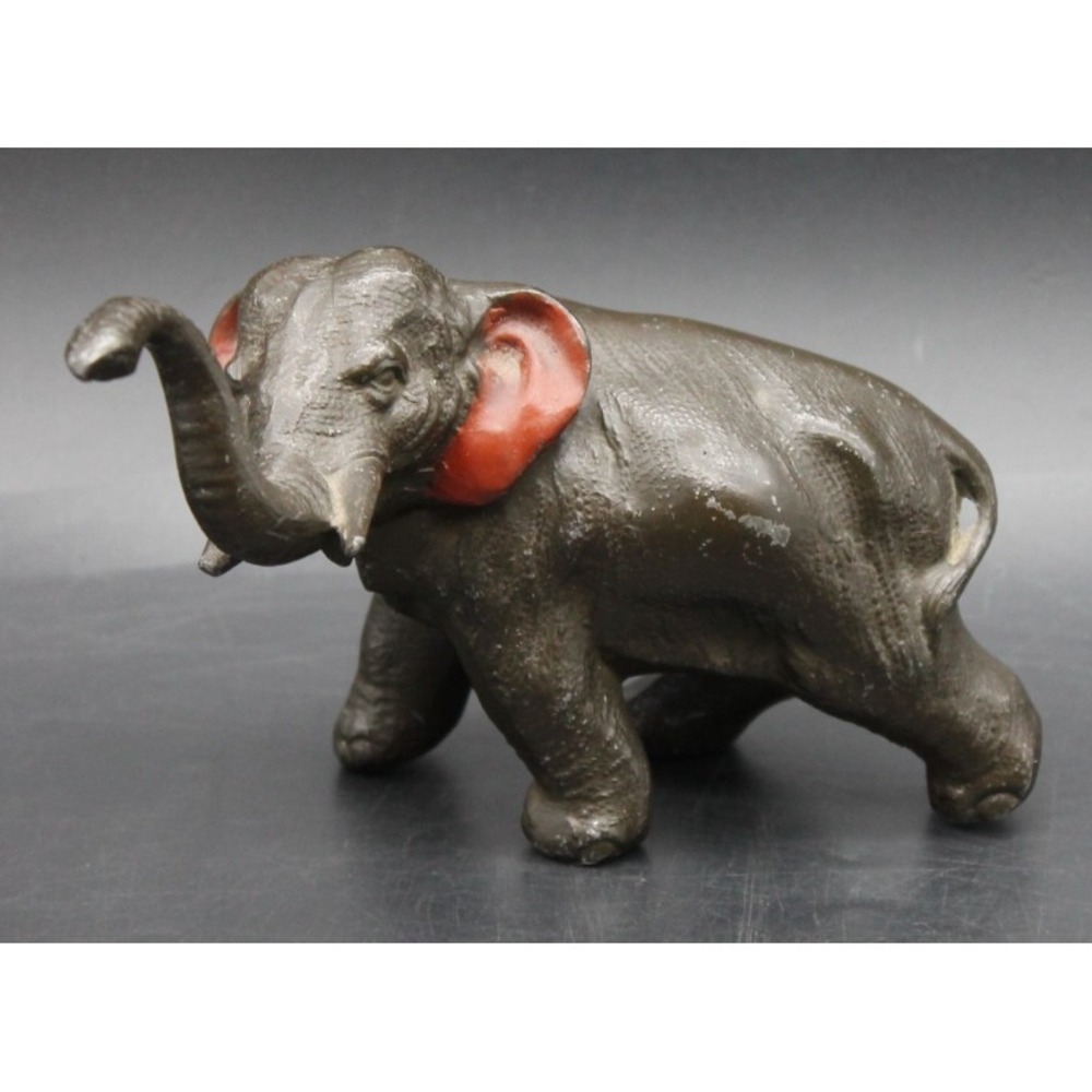 Antique Cold Painted Elephant Figure 5 x 3.5 inch w Tusks Trunk Up Red Ears